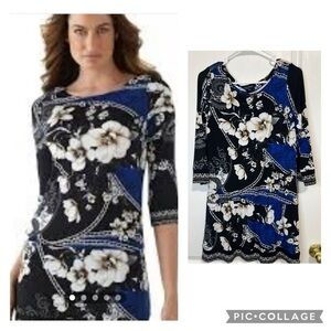 White House Black Market Black and Blue Floral 3/4 Sleeve Tunic